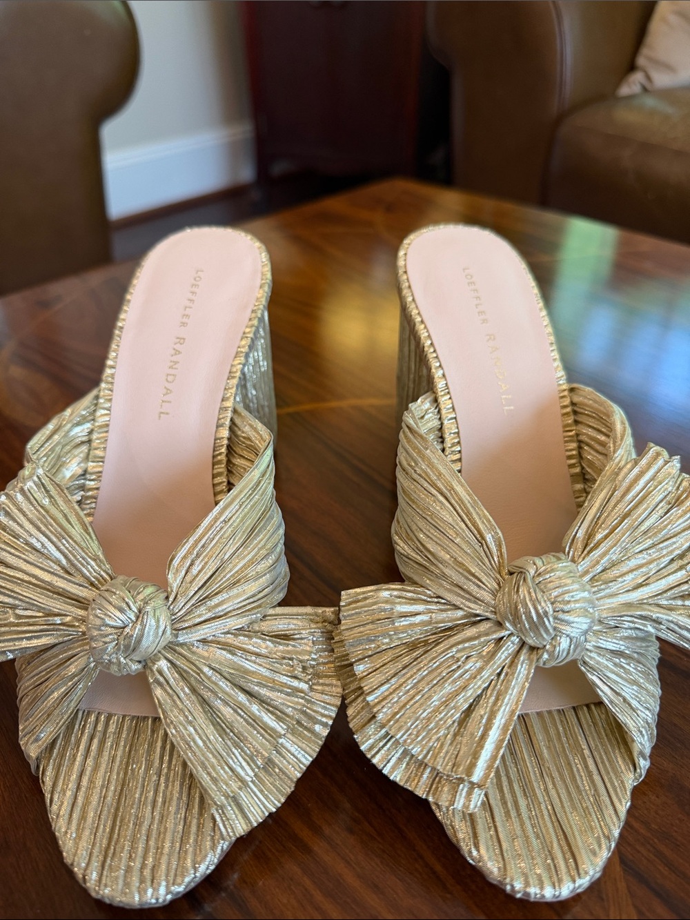 Loeffler Randall Metallic Gold Bow Knotted Mules